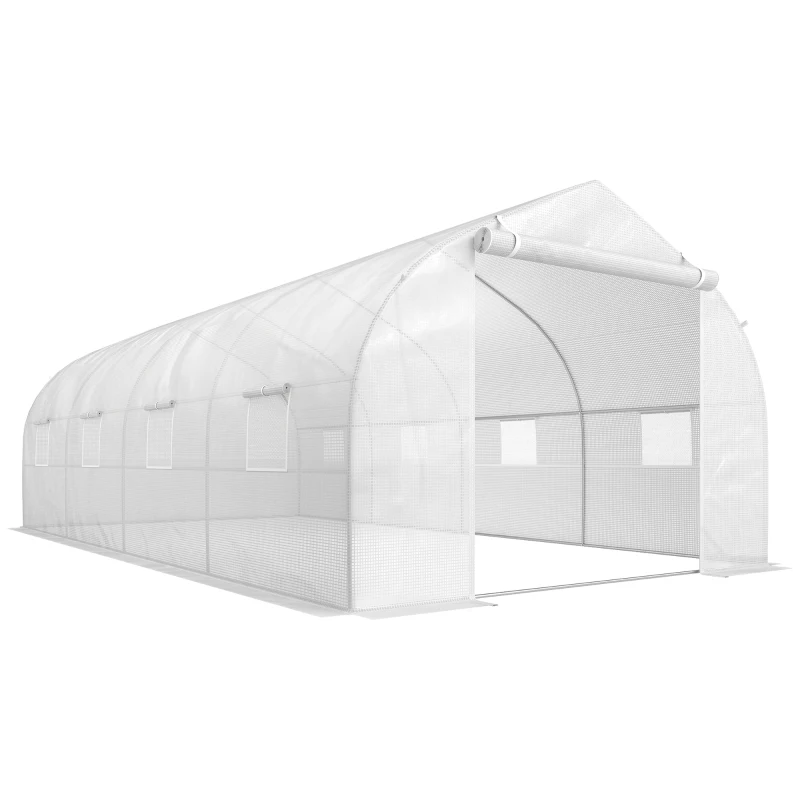 Outsunny Serre Tunnel de Jardin 18 m² dim. 5,95L x 3l x 2H m Porte + 8 fenêtres enroulables Acier galvanisé bâche PE Haute densité Blanc