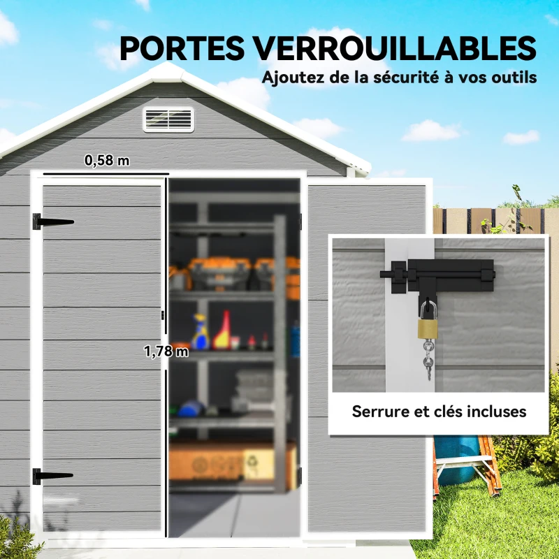 Outsunny Abri de jardin en résine 2,7 m² avec plancher portes à loquet 3 fenêtre structure en aluminium 240 x 190 x 228 cm gris