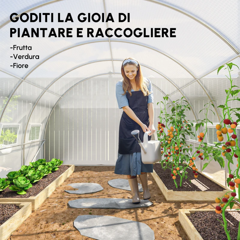 Outsunny Serra tunnel da giardino 24m² 8L x 3l x 2H m - 16 finestre, Porta avvolgibile con zip acciaio zincato, telo PE, Bianco