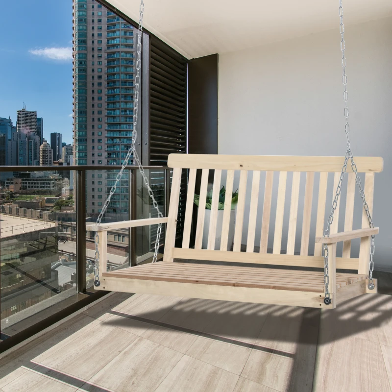 Outsunny Banc suspendu 2 places balançoire de jardin, dossier et assise à lattes en bois, charge jusqu'à 200 kg, bois naturel