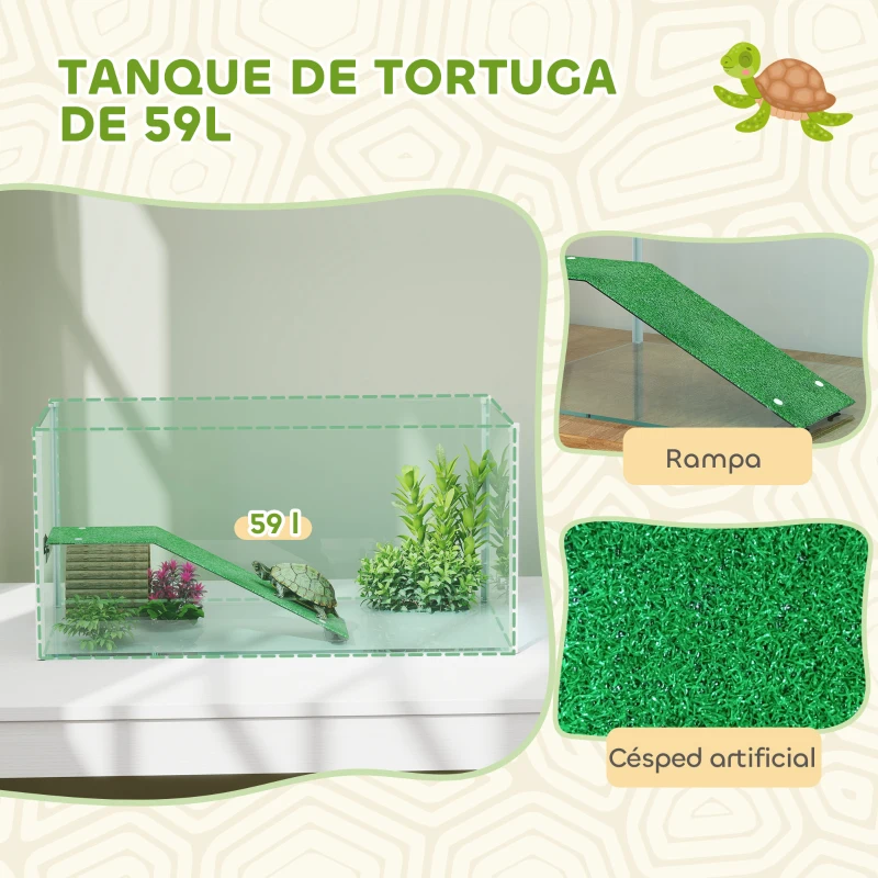 PawHut Acuario para Tortugas Terrario de Tortugas con Plataforma Rampa y Vista Panorámica 360° 60x35x28 cm Blanco