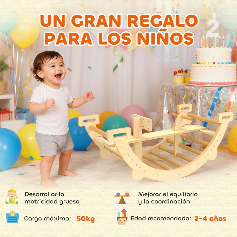 AIYAPLAY 2 en 1 Arco de Escalada de Madera y Caballito Balancín Estructura de Escalada Montessori para Niños de 2-4 Años Natural