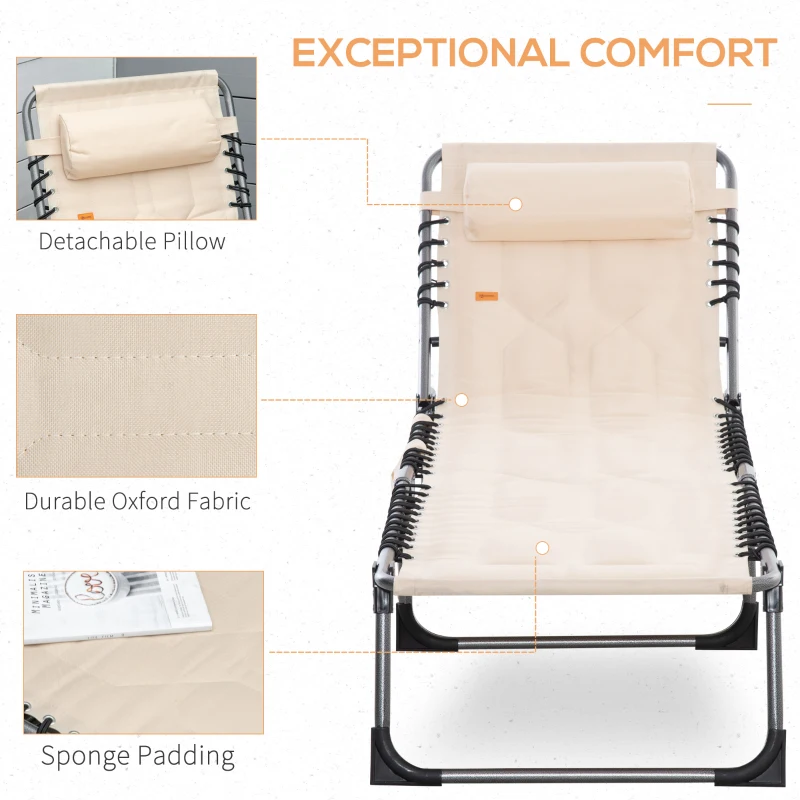 Outsunny Leżak ogrodowy składany z poduszką i kieszenią, Beżowy