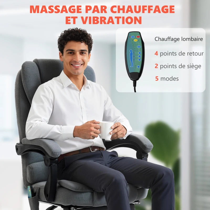 Vinsetto Fauteuil de bureau massant et chauffant, chaise de bureau, hauteur réglable, dossier inclinable, 65x70x111-119cm, gris