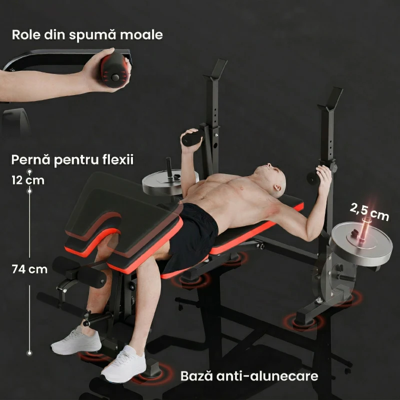 HOMCOM Bancă Multifuncțională Reglabilă cu Suport pentru Haltere, din Oțel și Plastic, 175x139x127 cm, Roșu și Negru