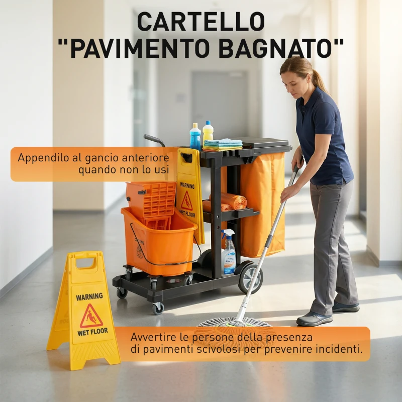 HOMCOM Carrello Pulizie: Ruote, 3 Ripiani, Sacco 70L, Secchio con Strizzatore.
