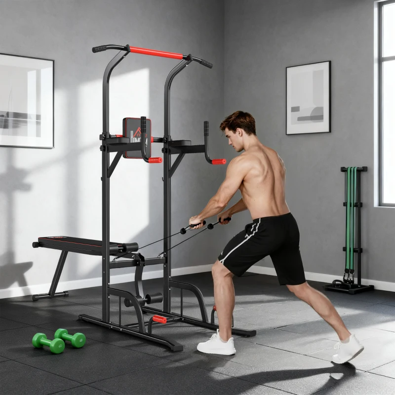 HOMCOM Torre Entrenamiento Energía Power Tower Estación Pull Up Multifuncional Ajustable en Altura con Banco Plegable Barra de Dominadas para Fitness 220x98x181-229 cm Negro