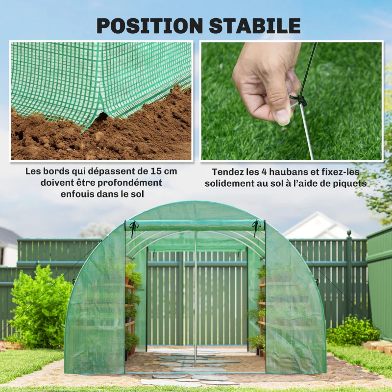 Outsunny Serre tunnel de jardin 12m², serre de jardin tunnel 295x400x200cm 2 portes et 8 fenêtres bâche PE 140 g/m² vert