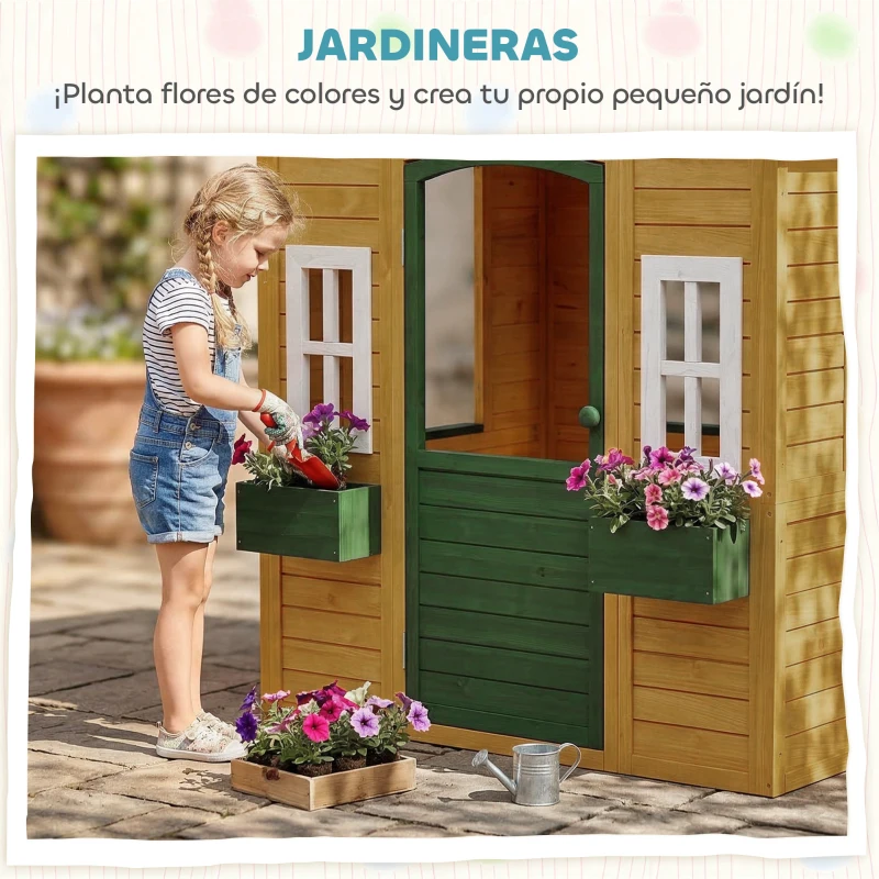 AIYAPLAY Casita Infantil Exterior e Interior de Madera Casita Infantil con 2 Maceteros 3 Ventanas Puerta para 3-8 Años Marrón