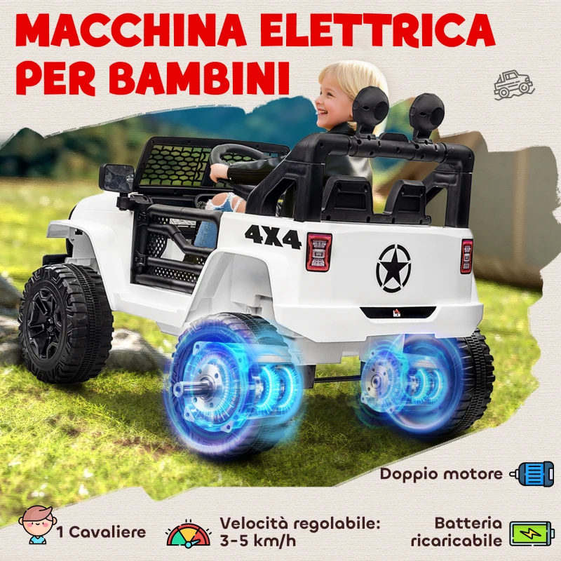HOMCOM Macchina Elettrica per Bambini Jeep Fuoristrada con Telecomando e 2 Velocità, 100x65x72 cm, Bianco