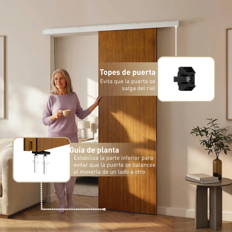 HOMCOM Puerta Corredera con Herrajes 90x210 cm con Rodillo Riel de Aluminio Guía de Suelo Marrón