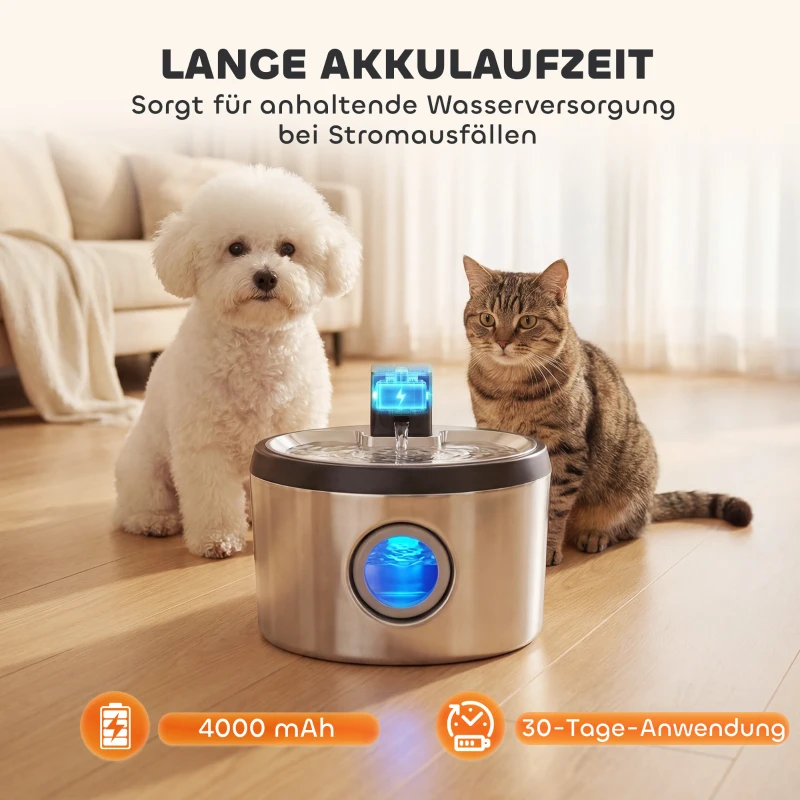 PawHut Katzenbrunnen 4L Kabellos Edelstahl Trinkbrunnen mit Bewegungsmelder 6 Filtern zweifaches Filtersystem LED Silber
