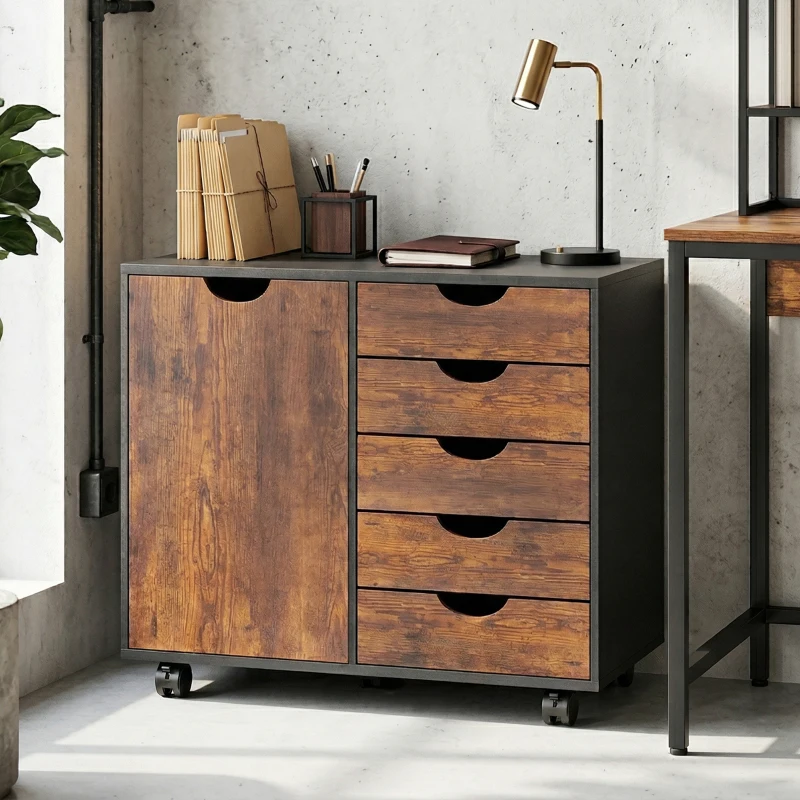 HOMCOM Meuble de rangement pour bureau 5 tiroirs 1 porte étagère réglable, support imprimante roulettes, 78x40x66,5 cm, marron