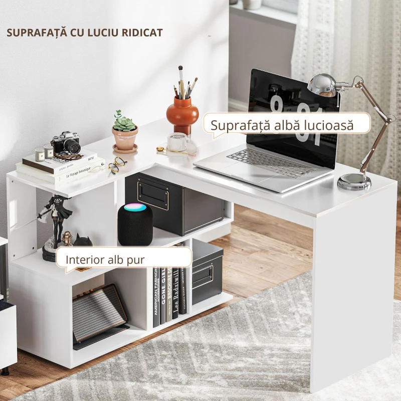 HOMCOM Birou în Formă de L cu 4 Compartimente de Depozitare, 120x100x77 cm, Alb Lucios(m-5)