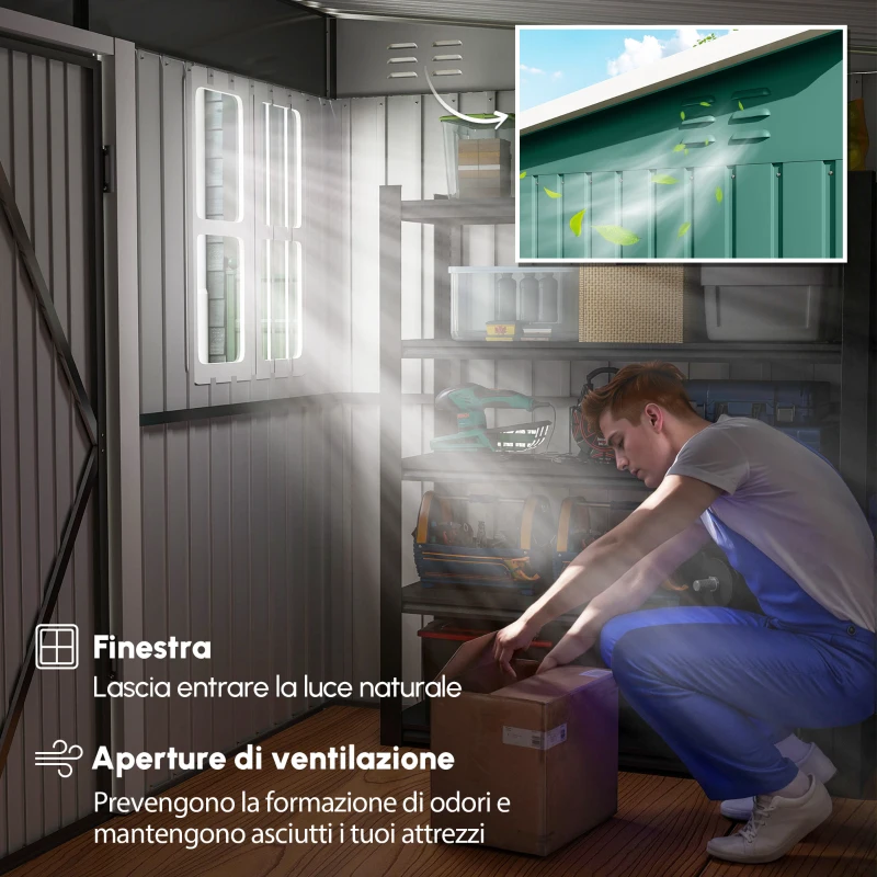 Outsunny Capanno metallico per deposito attrezzi da giardino, con finestra, porta larga, 260 x 177 x 190 cm, Verde