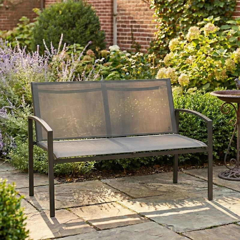 Outsunny Tuinbank 2-zits weerbestendig metalen outdoor zitbank met ademende zitting gebogen armleuningen 112 x 66 x 80 cm grijs