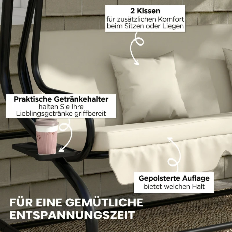 Outsunny Leagăn Pat de Grădină cu acoperiș reglabil și tăvi, din oțel și Teslin, 200x120x164 cm, crem