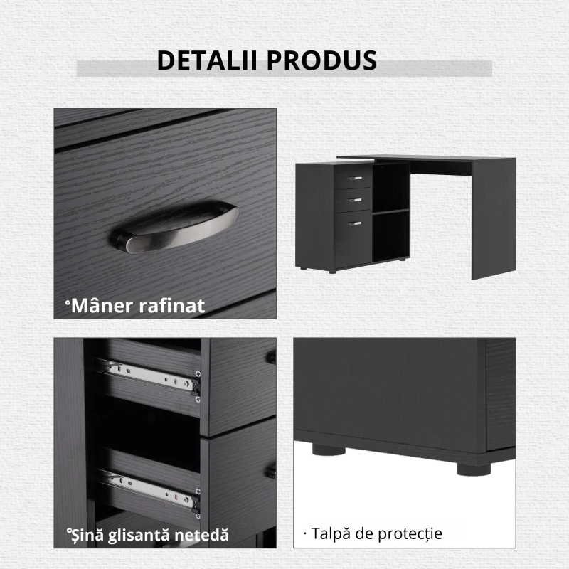 HOMCOM Masa de Birou de colt cu Sertar, pentru Birou si Casa, in Forma de L, Neagra