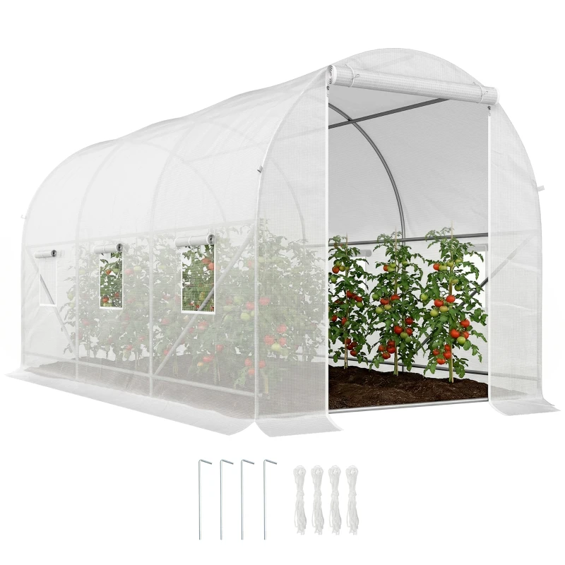 Outsunny Estufa Tipo Túnel 350x200x200 cm com Portas Enroláveis e 6 Janelas Cobertura de PE Estrutura de Metal Branco