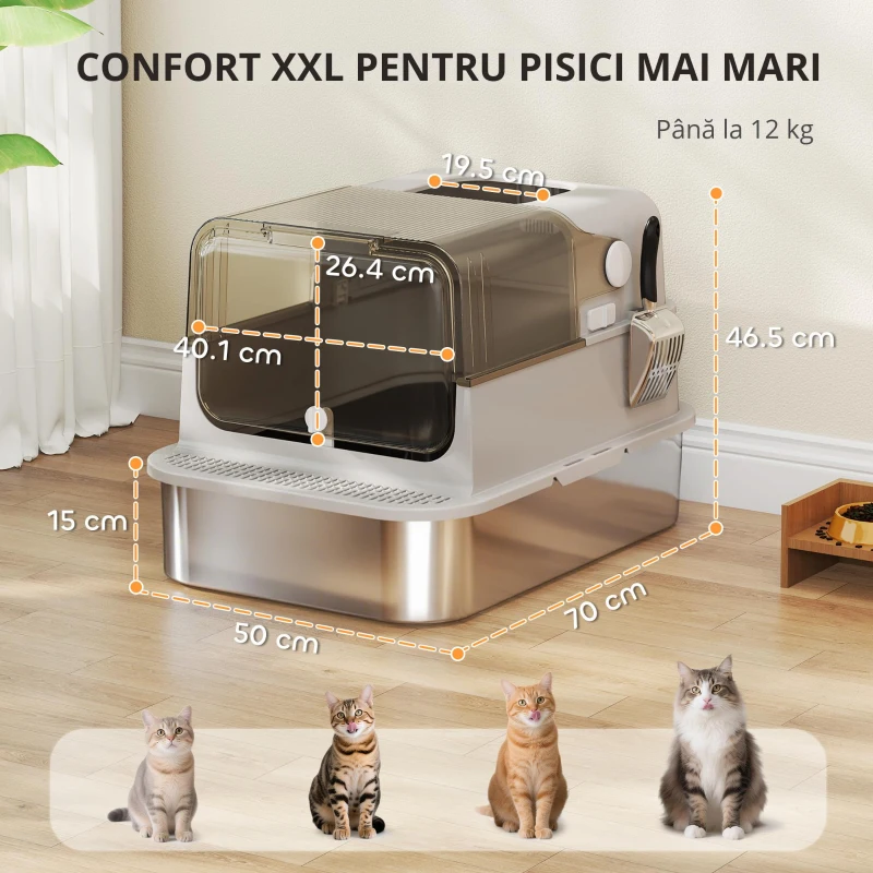 PawHut Litieră pentru Pisici XXL din Oțel Inoxidabil cu Capac Rabatabil la 90° Gri