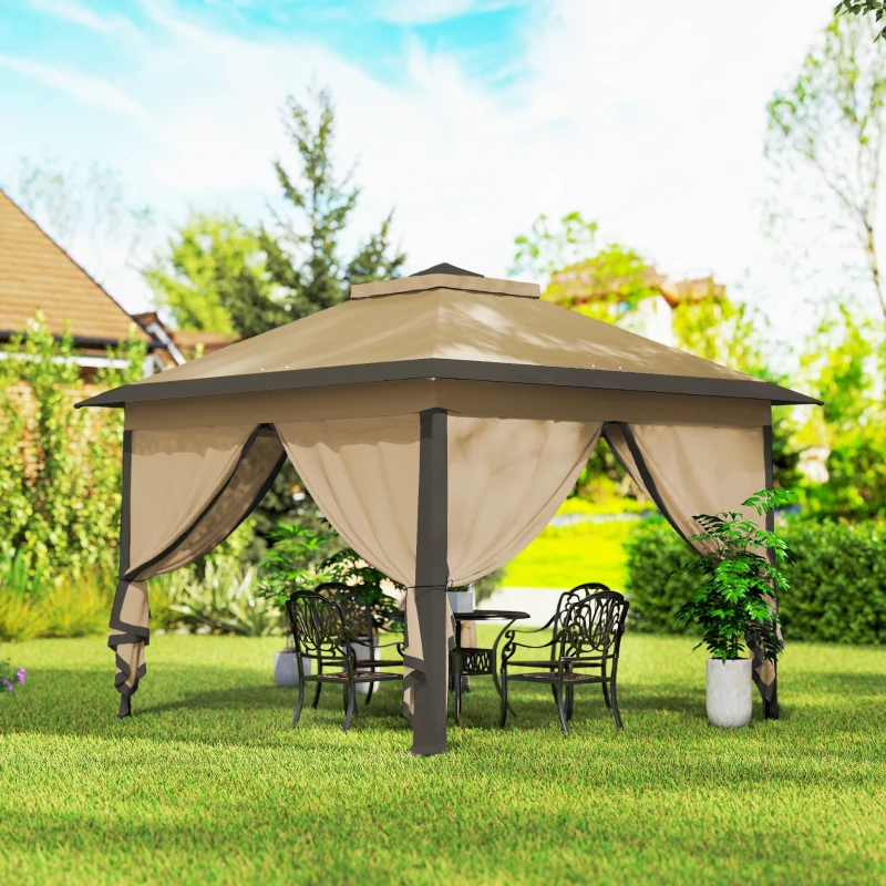 Outsunny Faltpavillon, Gartenpavillon, Metall und Stoffplane, Netzvorhänge, Entwässerungslöcher, 330L x 330B x 288H cm, Beige
