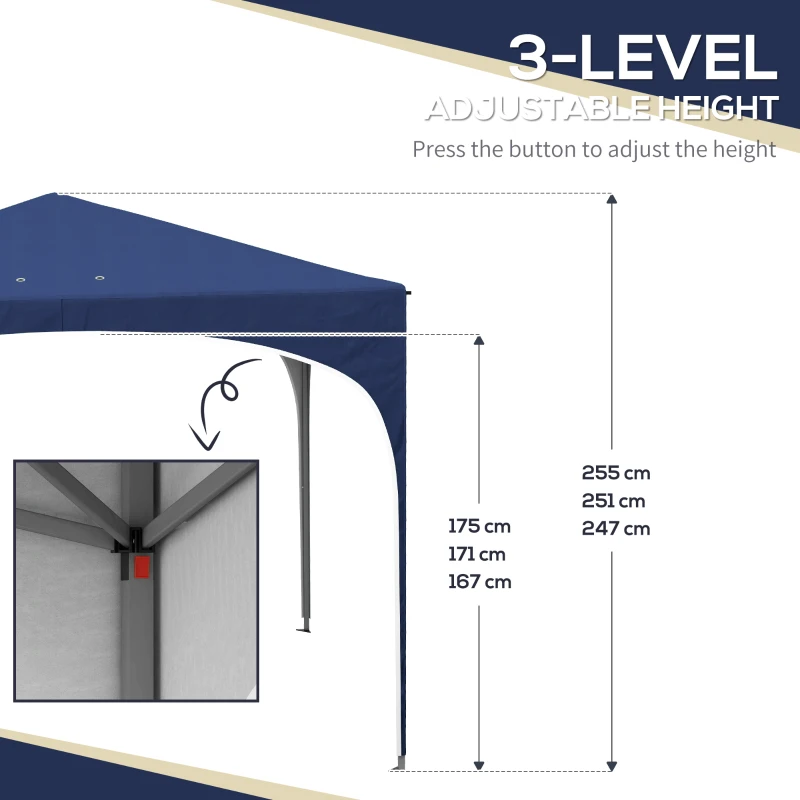 Outsunny Składany Pawilon, Regulowany, Metalowe Wsparcie, Mocna Tkanina, W Komplecie z Torbą, 2,95 x 2,95 x 2,55m, Granatowy