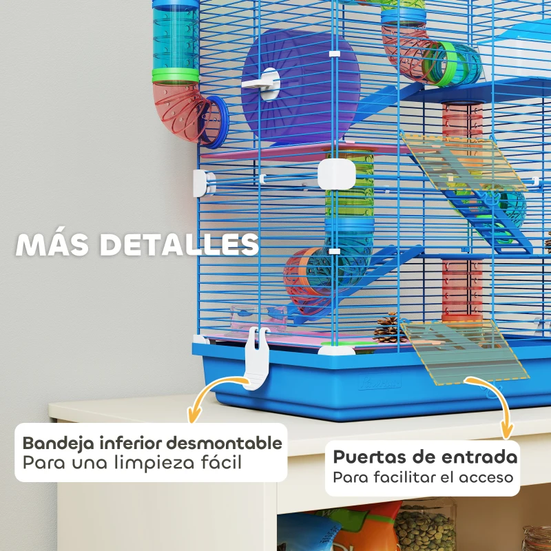 PawHut Jaula de Hámster con Túnel Plataformas Cuenco Bebedero Casita Rampas y Rueda de Ejercicio 46x30x58 cm Azul