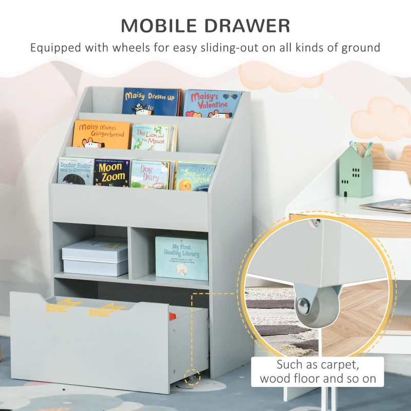 HOMCOM Regał dziecięcy z szufladą, Regał na książki z przegródkami, 60 x 29,9 x 90 cm, Szary