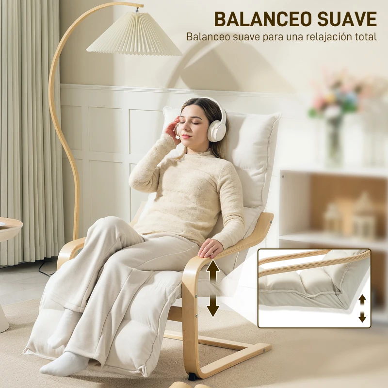 HOMCOM Butaca de Salón con Reposapiés Ajustable Tapizada en Terciopelo con Marco de Madera 67x93x105 cm Crema
