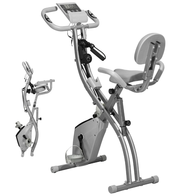 HOMCOM Bicicleta Estática Plegable 3 en 1 con Respaldo y 8 Niveles Resistencia Magnética, Bicicleta Estática para Casa Ajustable con Monitor LCD Volante Banda Sensor de Pulso Soporte de Teléfono Gris