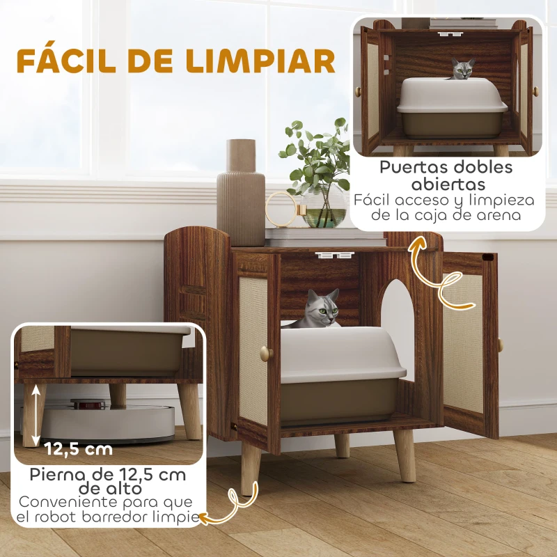 PawHut Mueble Arenero para Gatos Mesa Auxiliar con Puertas con Esteras de Sisal para Salón Dormitorio 55x43x59,6 cm Marrón