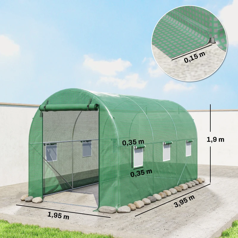 Outsunny Rundbogen-Gewächshaus, 6 Netzfenster, transparente Folie, Metallrahmen, 3,95 x 1,95 x 1,90m, Grün