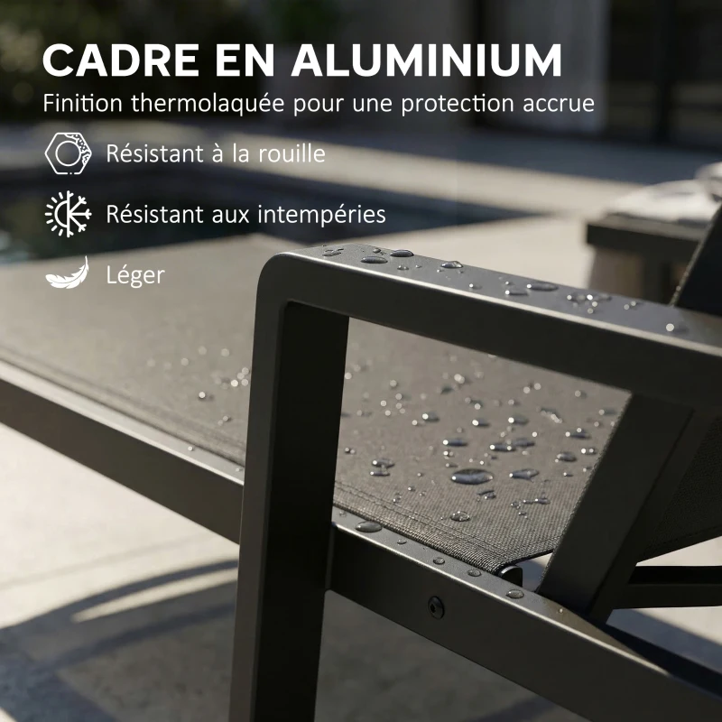 Outsunny Chaise Longue Jardin en Textilène et Aluminium, Réglable à 4 Positions avec Roues et Accoudoirs, 65x189x80cm, Gris Foncé