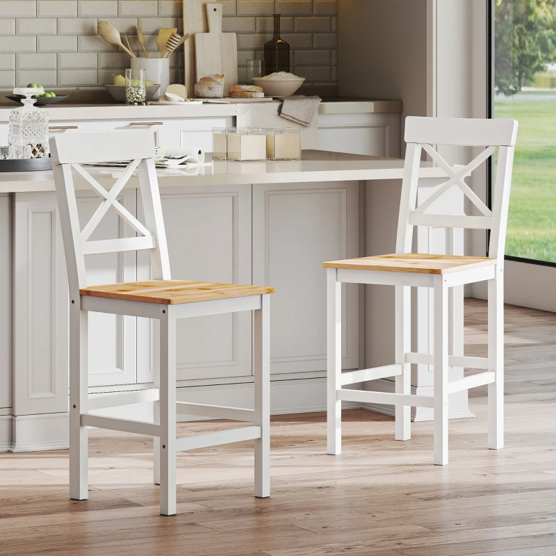 HOMCOM Barhocker 2er Set Barstuhl aus Kiefernholz mit Fußstütze, Lehne, Landhaus-Stil für Küche, Wohnzimmer, Natur