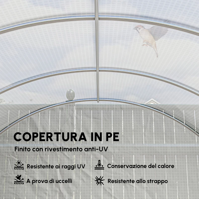Outsunny Serra tunnel da giardino 24m² 8L x 3l x 2H m - 16 finestre, Porta avvolgibile con zip acciaio zincato, telo PE, Bianco