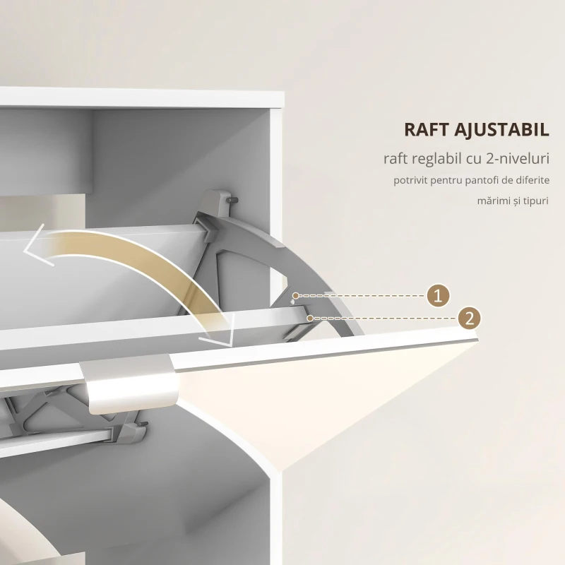 HOMCOM Dulap pentru Depozitarea Încălțămintei cu Uși, Oglindă și 4 Sertare Rabatabile, 76x26x168 cm, Alb(m-5)