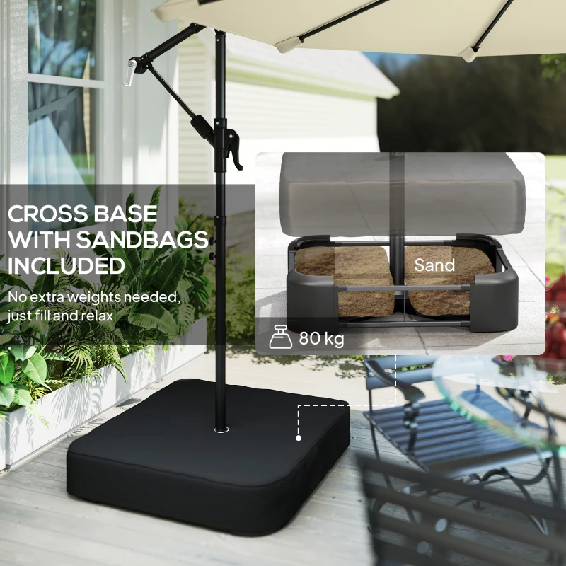 Outsunny 3 m Garden Cantilever Parasol with Cross Base, Sandbag, 360° Rotating Overhanging Banana Umbrella, Beige