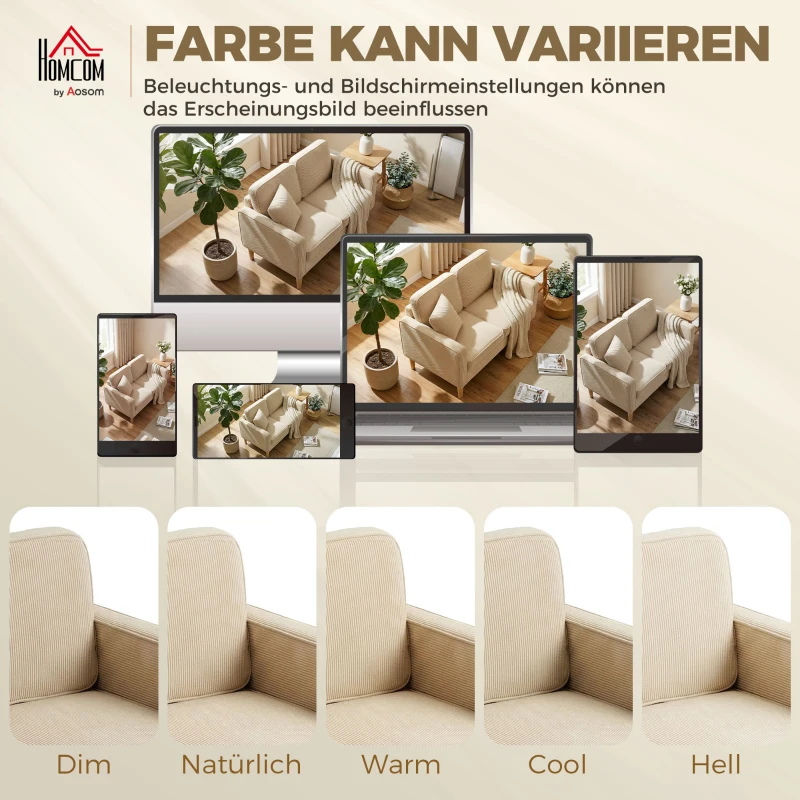 HOMCOM Sofa 2 Sitzer Couch mit 2 Wurfkissen, Stauraum Massivholzfüßen Kleine Modern Loveseat Corduroy 117 x 63 x 79 cm Beige