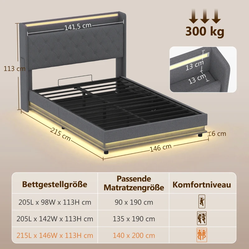 HOMCOM Stelaż łóżka 140 x 200 cm z zagłówkiem i podnóżkiem, platforma z hydraulicznym schowkiem, oświetleniem LED