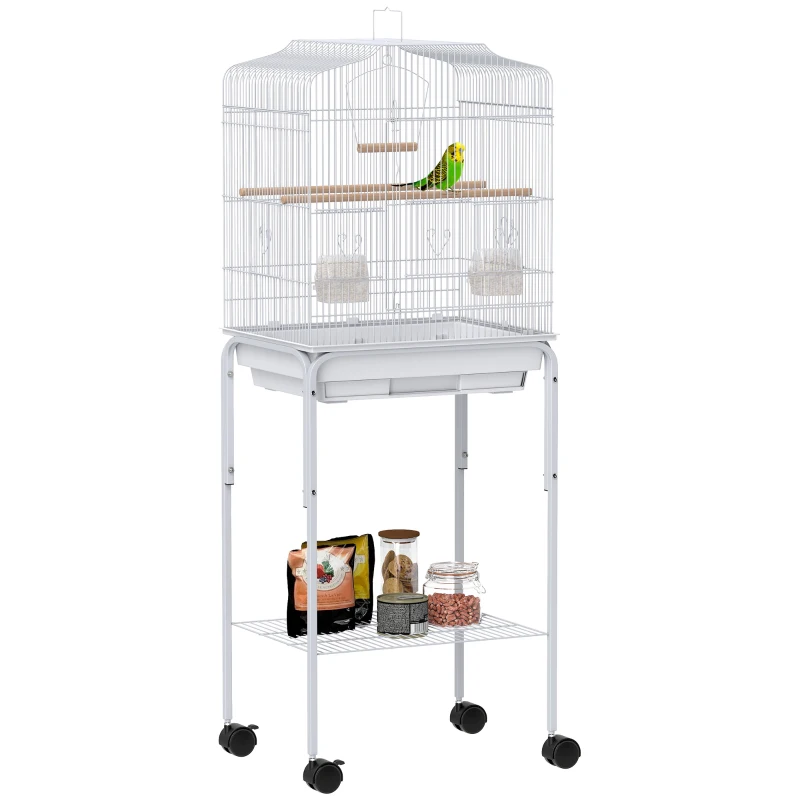 PawHut Jaula para Pájaros con Ruedas Estante Puertas 2 Comederos 2 Perchas Columpio Bandeja Extraíble 46,5x36x124 cm Blanco