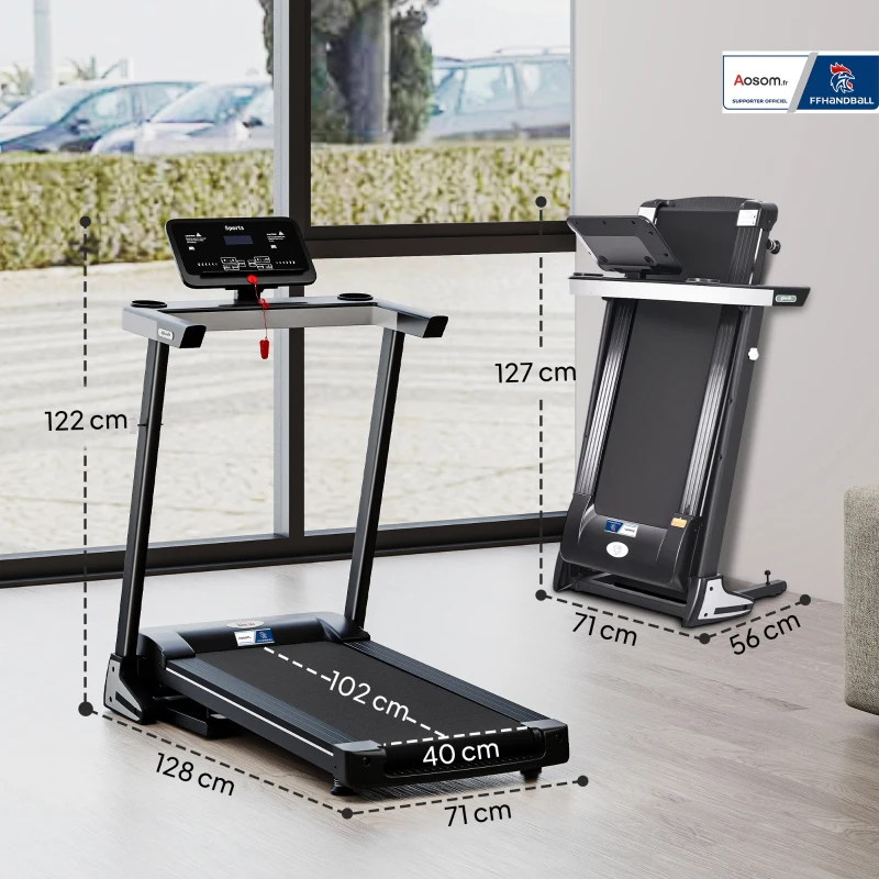 Tapis de Course Electrique Pliable - Aosom.fr x FFHandball - Tapis Roulant 1-12 Km/h 500 W écran LCD 12 programmes Noir