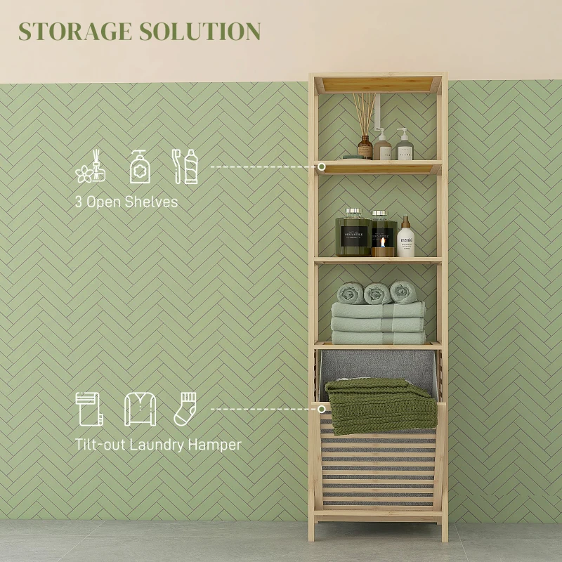 HOMCOM Regał łazienkowy z koszem na pranie, 3 półki, rama z bambusa, 44x33x160 cm, Naturalny