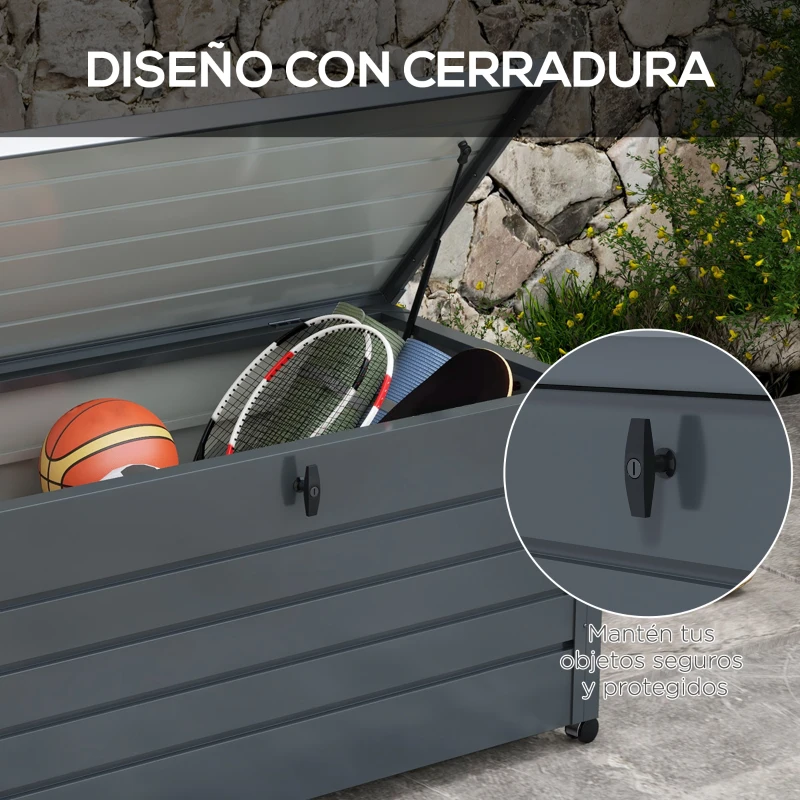 Outsunny Baúl de Exterior de Acero Galvanizado con 4 Ruedas 2 Asas y 1 Cerradura con Llave 120x62x66 cm Gris Oscuro
