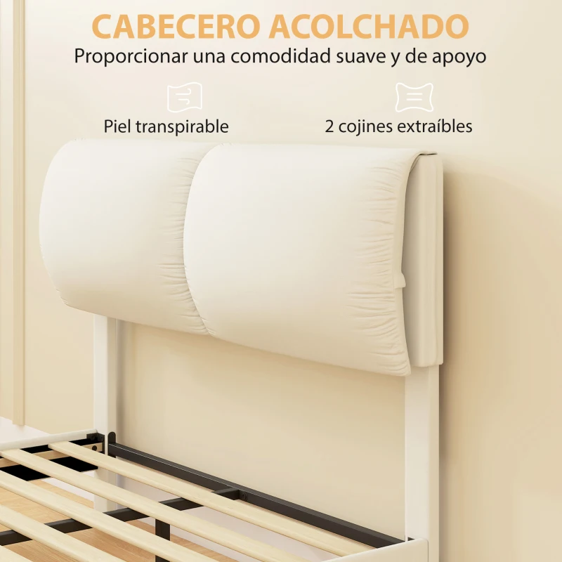 HOMCOM Cama Doble de 135x190 cm Somier con Cabecero Acolchado Efecto Flotante Estructura Metálica Beige