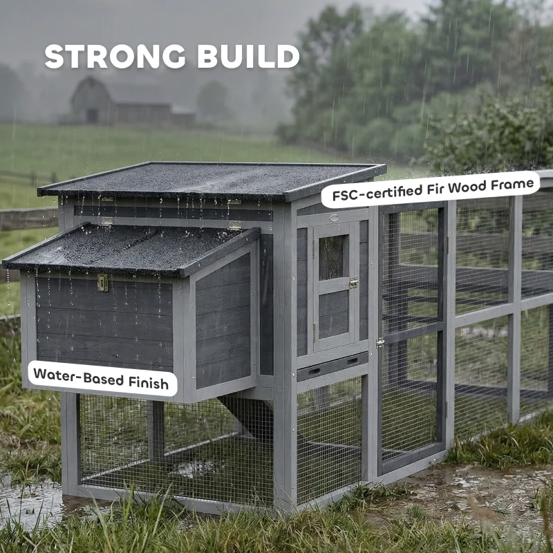 PawHut Kurnik dla 3-4 kur z wybiegem, gniazdem, dachem asfaltowym, osłoną Oxford i szufladą, 264x82x89 cm, szary