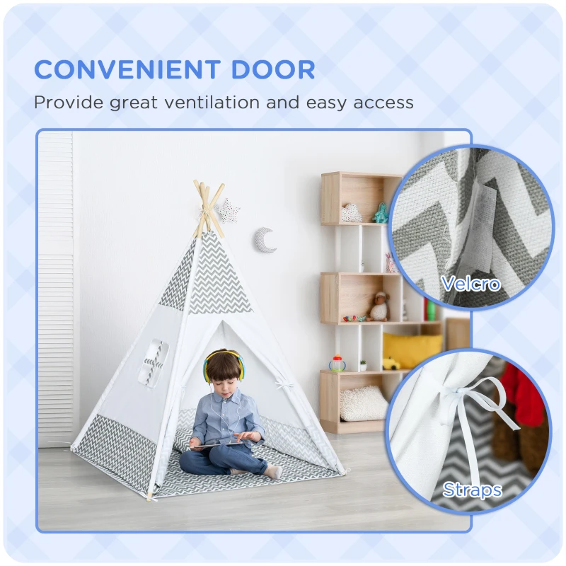HOMCOM Indian Teepee Play Tent for Children Graphic Style - dim. 1.2L x 1.2I x 1.55H m - Closable Door Window Mat Cushion Carry Bag Included - Indoor and Outdoor Gray White
