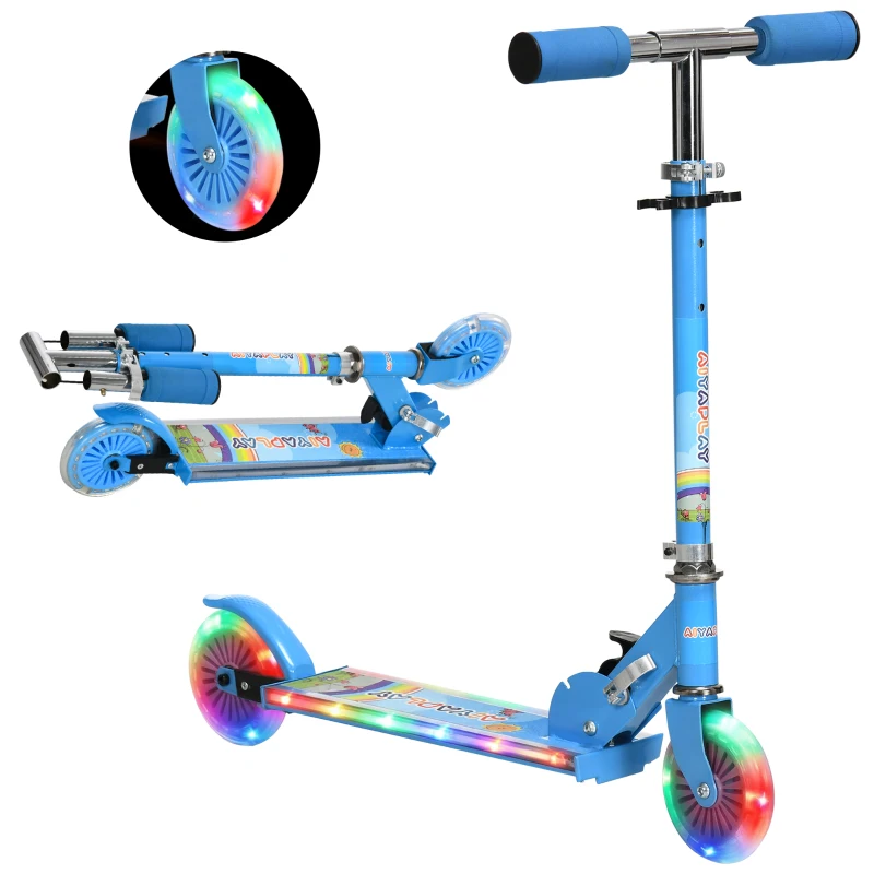 HOMCOM Patinete Infantil Plegable con Luces Música Altura Ajustable Ruedas Brillantes Pedal LED Carga 50kg 67x32x65-78 cm Azul