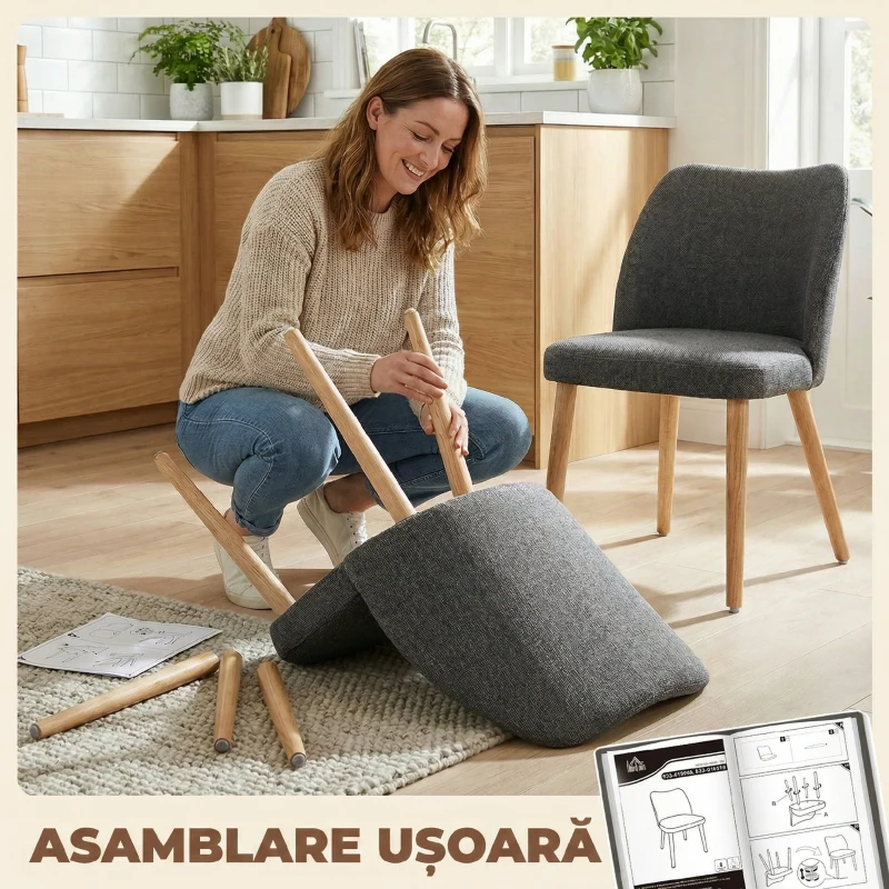 HOMCOM Set 2 Scaune Moderne cu Tapițerie din In, Șezut Confortabil, Spătar Curbat, Picioare din Lemn, Asamblare Ușoară pentru Bucătărie, Cameră, Living.