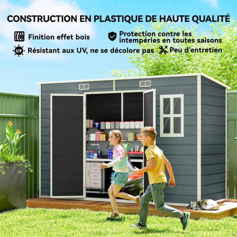 Outsunny Abri de jardin en plastique 10 x 4 pieds, avec plancher, effet bois gris