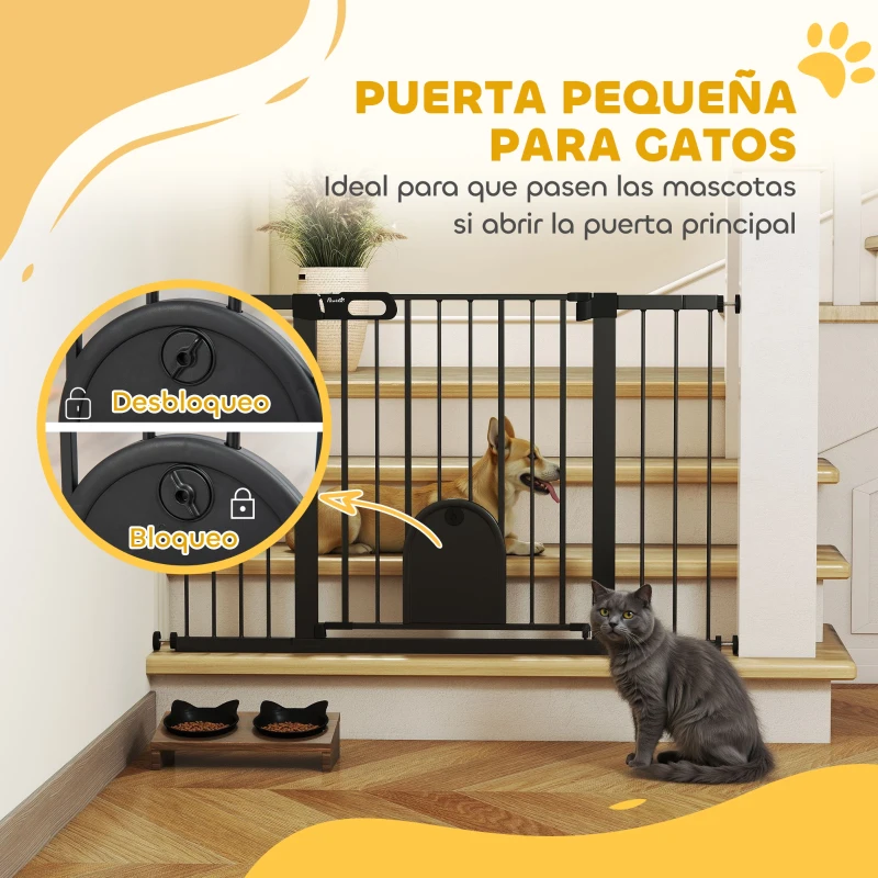 PawHut Barrera de Seguridad para Perros con Puerta Pequeña para Escaleras y Puertas 75-131 cm con 3 Extensiones Negro
